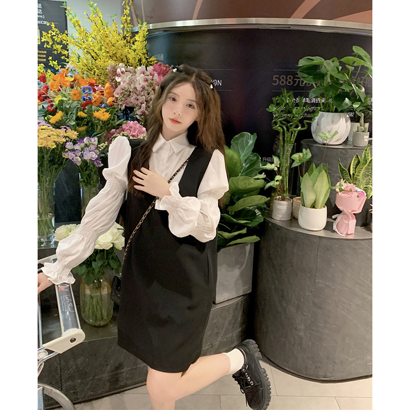 レース ワンピース 優美シャーリング袖ジャンパースカートセット