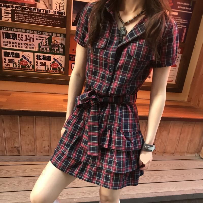 レース ワンピース チェック柄シャツワンピース