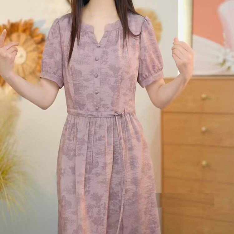 レース ワンピース 風景模様パフスリーブレースワンピース