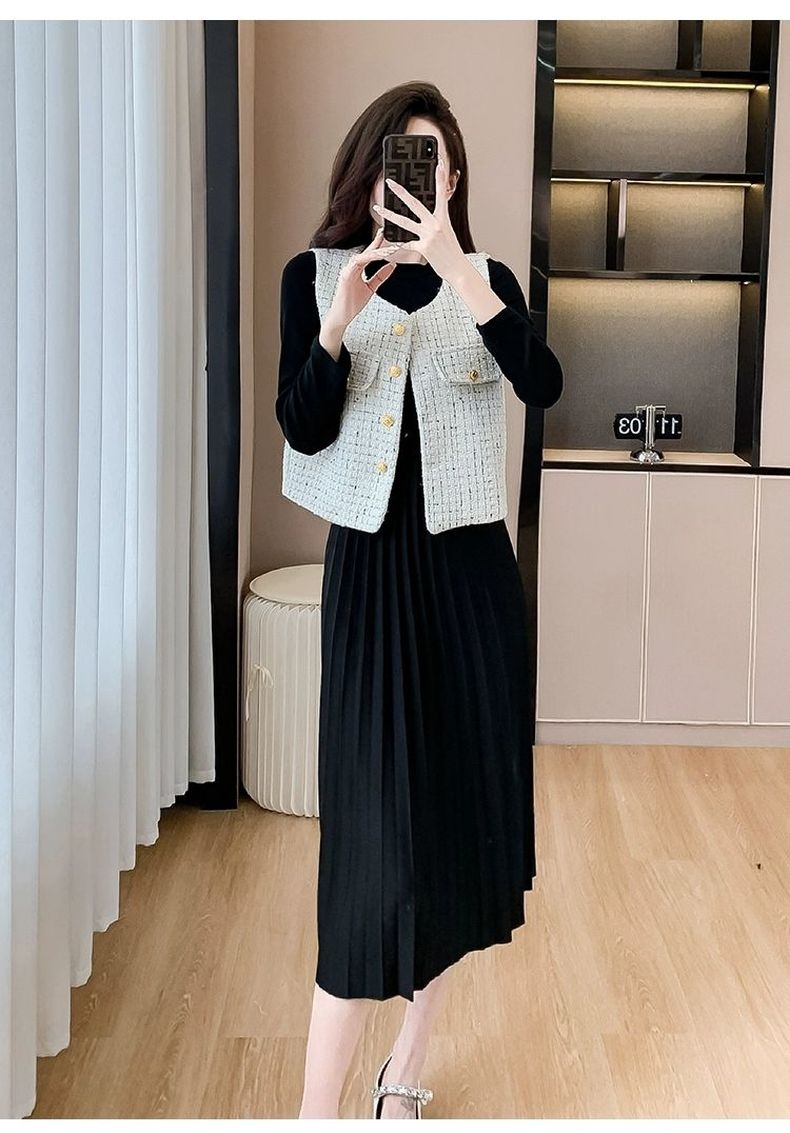 レース ワンピース 優美プリーツ レース ワンピース ベスト重ね