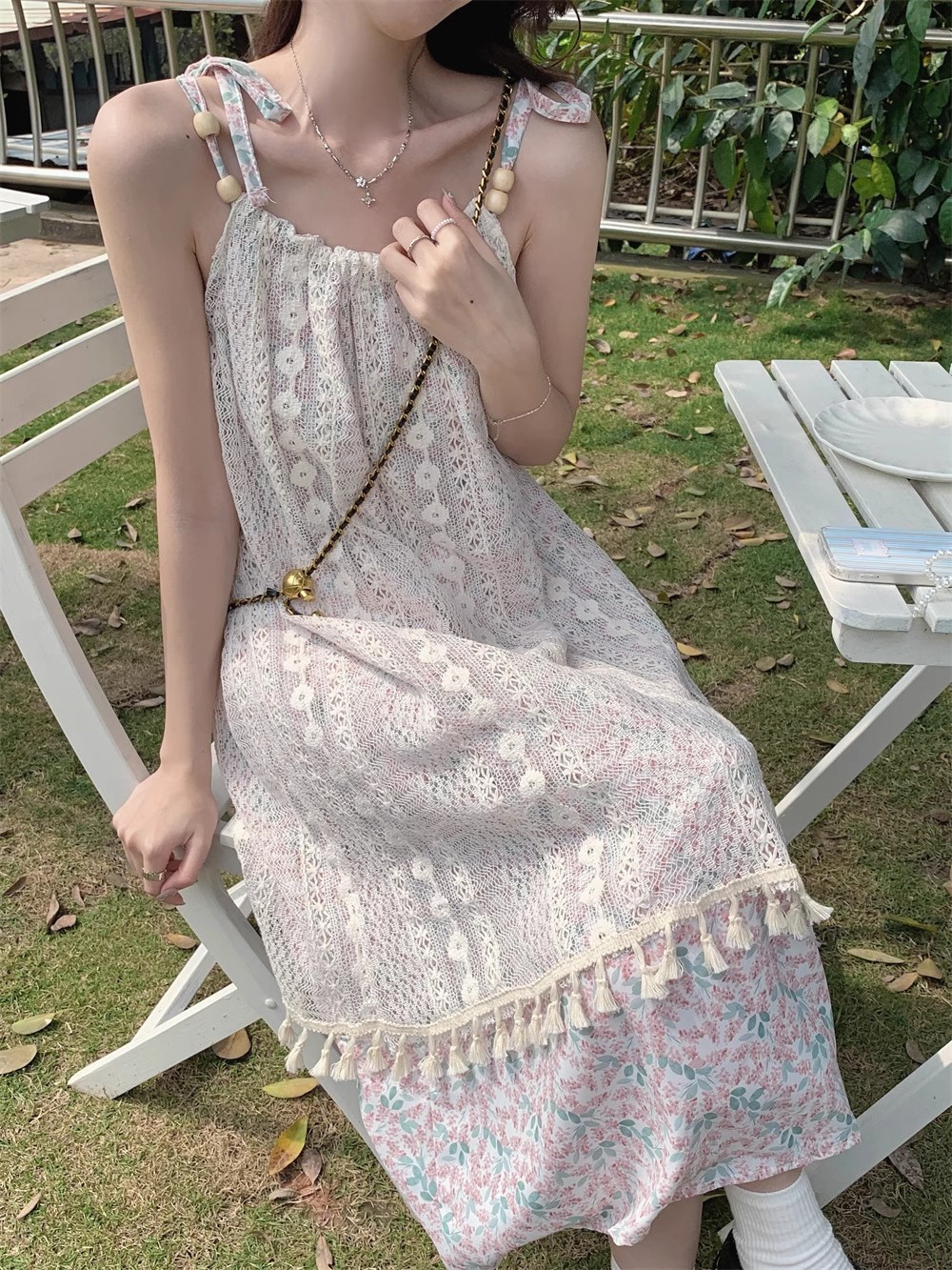 レース ワンピース 花柄フリンジ飾り レース重ね ゆったりワンピース