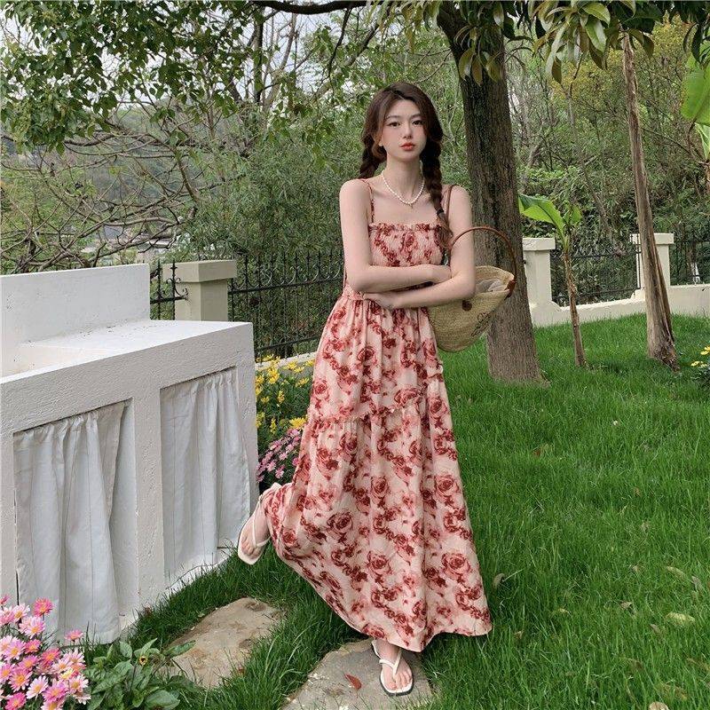 レース ワンピース 花柄シャーリングキャミロングワンピース