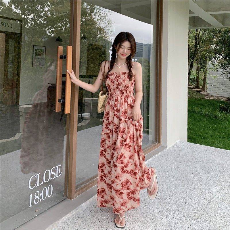 レース ワンピース 花柄シャーリングキャミロングワンピース