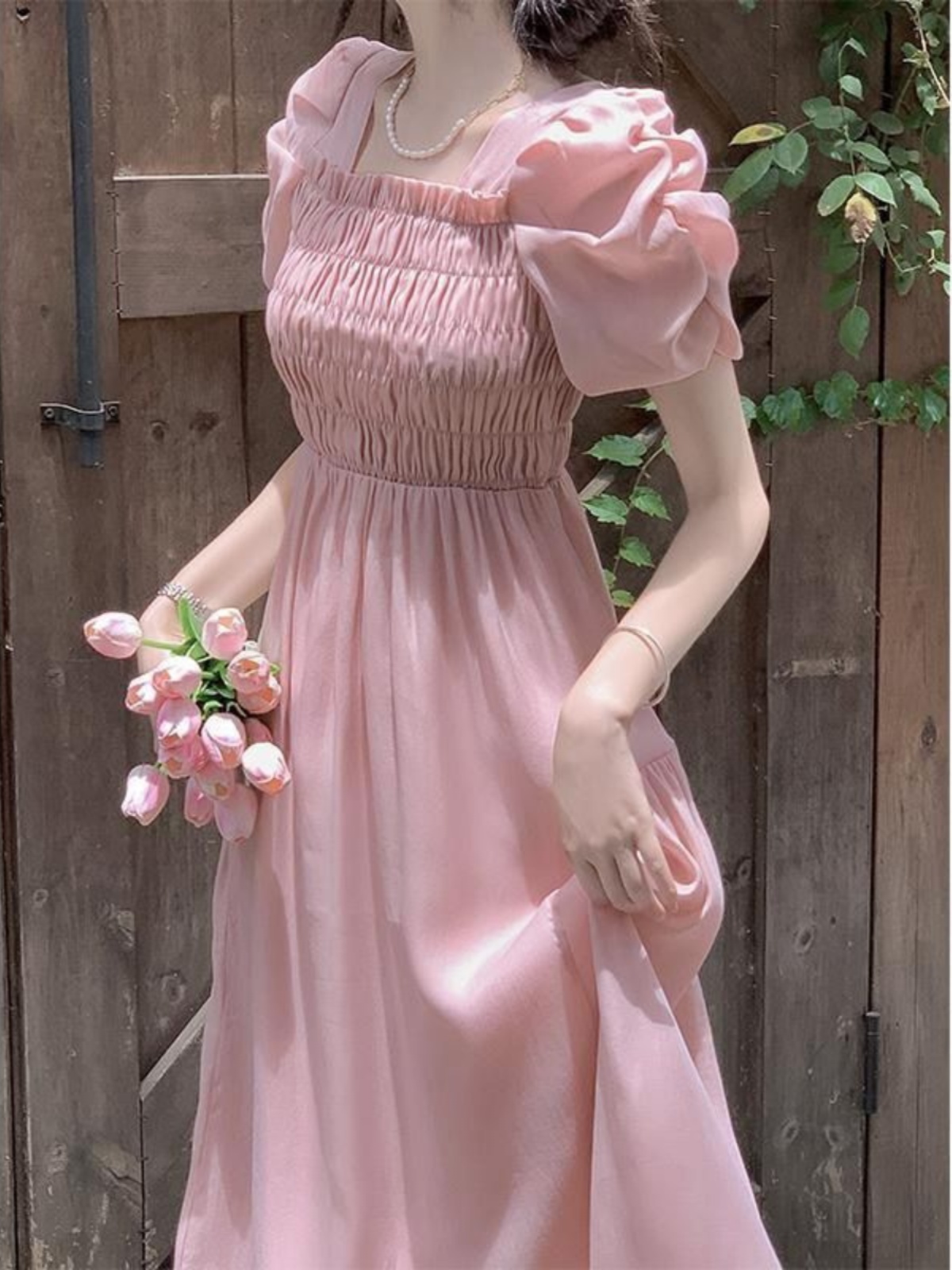 レース ワンピース 姫袖シャーリングレースロングドレス
