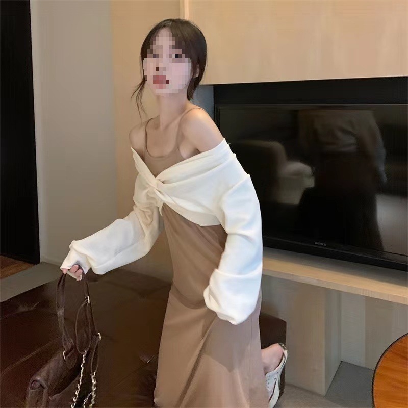 レース ワンピース 袖異素材パフスリーブキャミワンピース