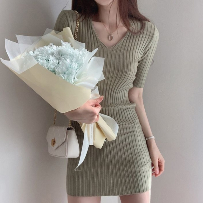 レース ワンピース 縦リブ編み込み美シルエットワンピース