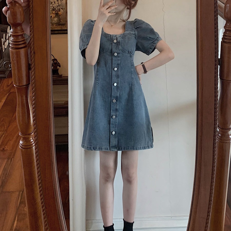 レース ワンピース 乙女心くすぐる袖ぷっくりデニムワンピース
