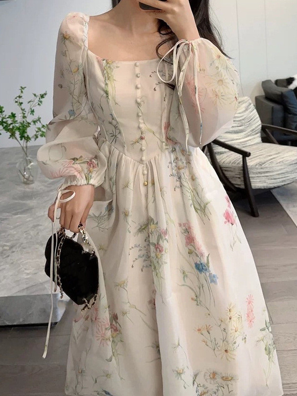 レース ワンピース 花柄シフォンロングワンピース アイボリー パーティードレス ミモレ丈