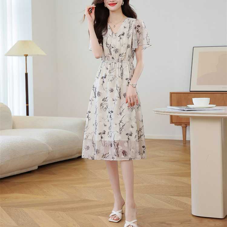 レース ワンピース 花柄シフォン ロングワンピース 膝下丈 夏 体型カバー レディース