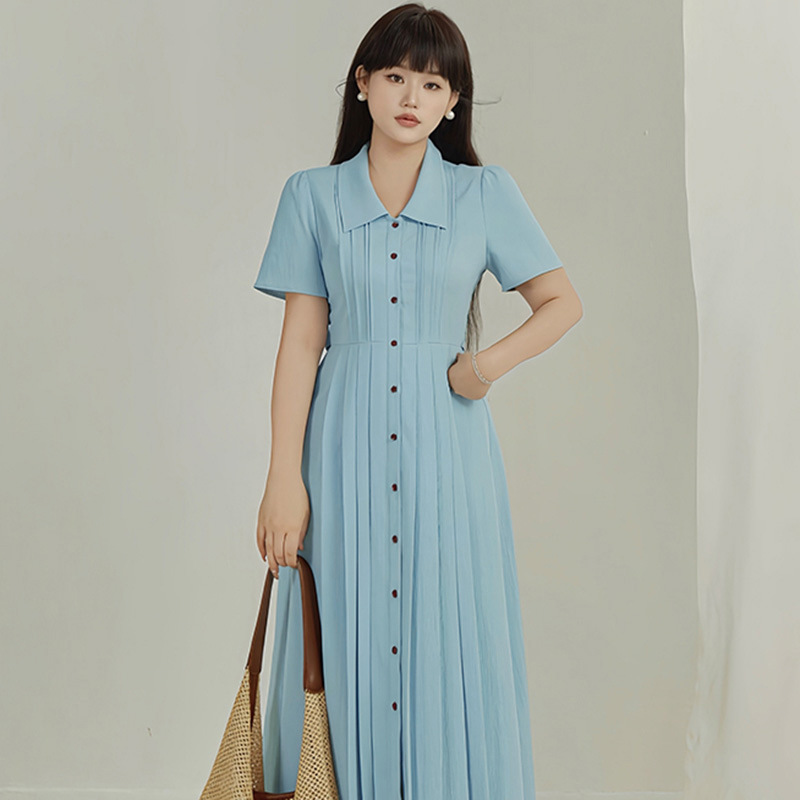 レース ワンピース 上品プリーツ襟付きロングワンピース