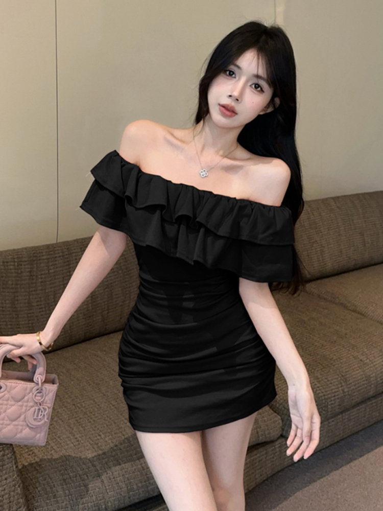 レース ワンピース 優美フリルオフショルダータイトワンピース