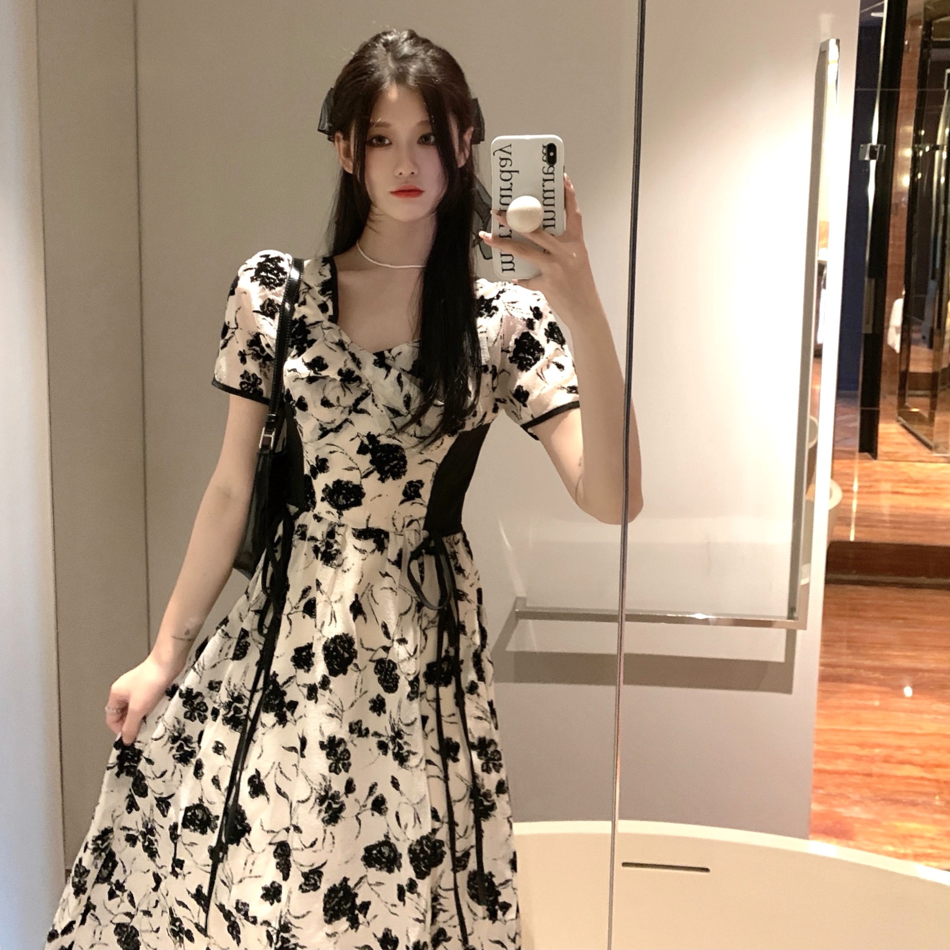 レース ワンピース 花柄サイドリボン レース ロングドレス