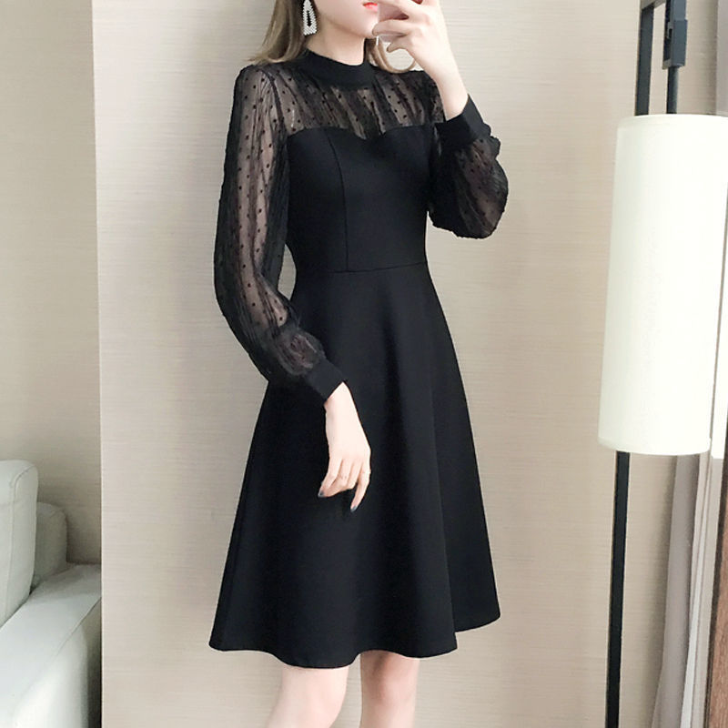 レース ワンピース 透け感シアー袖 上品フレアワンピース