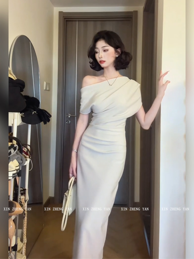 レース ワンピース 優美なドレープ アシンメトリー ワンピース