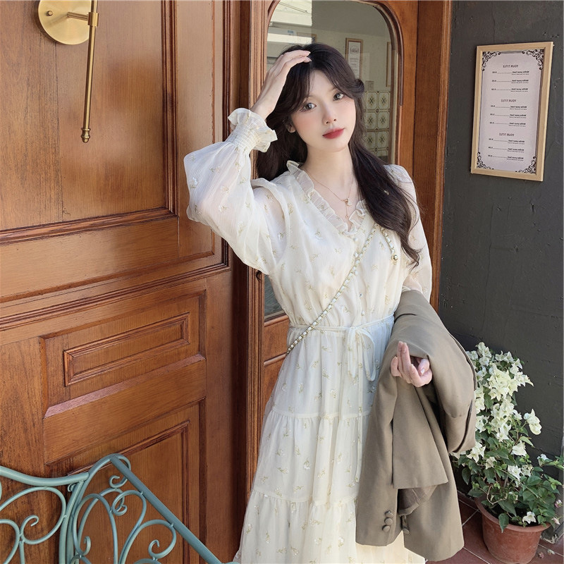 レース ワンピース 小花柄シフォン ロングワンピース フリル襟 フェミニン 透け感 きれいめ
