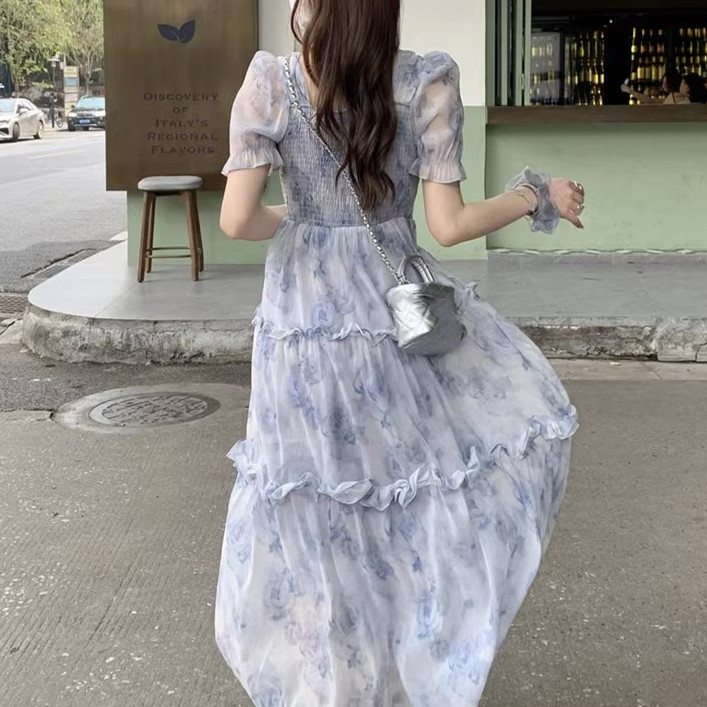 レース ワンピース 夏新作 スクエアネック レース ロングワンピース 大人可愛い ティアードフリル