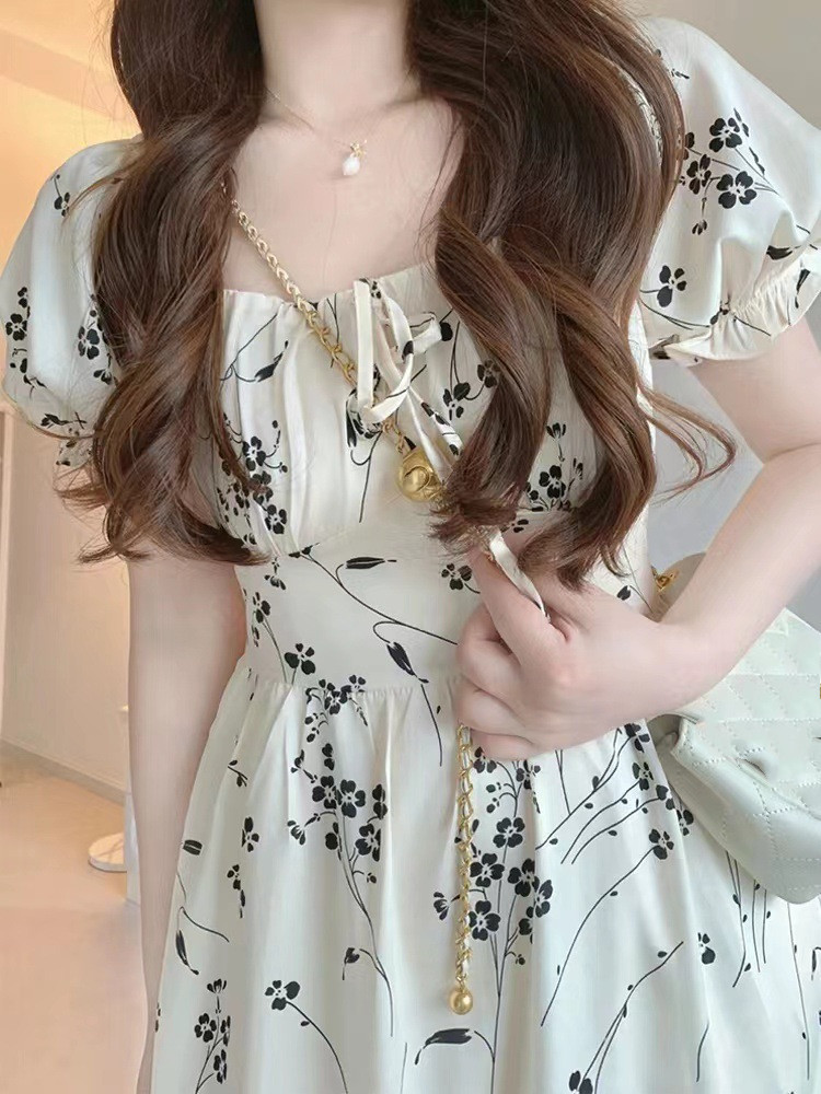 レース ワンピース 花柄シフォン パフスリーブ ロングワンピース