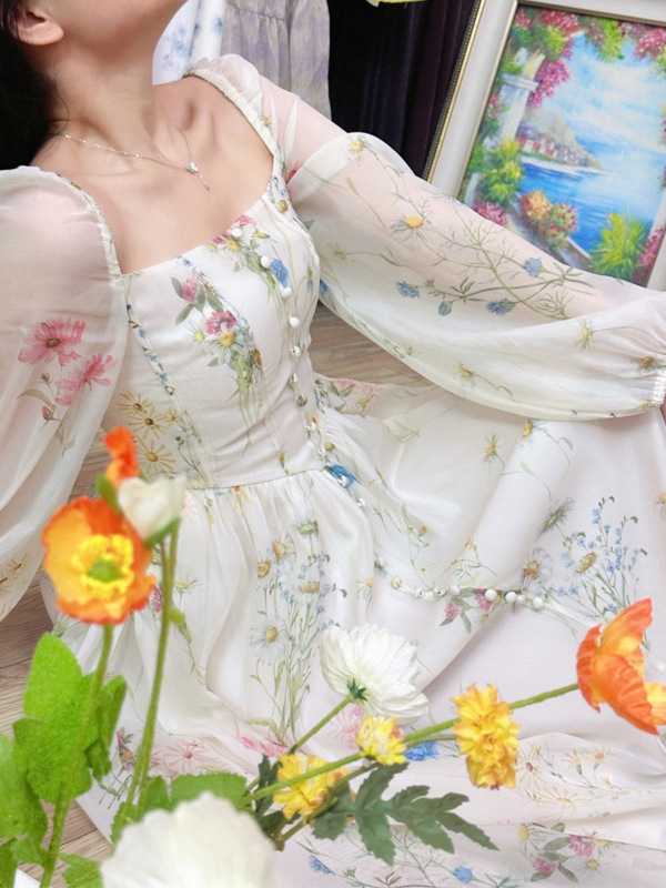 レース ワンピース 花柄シフォンロングワンピース アイボリー パーティードレス ミモレ丈