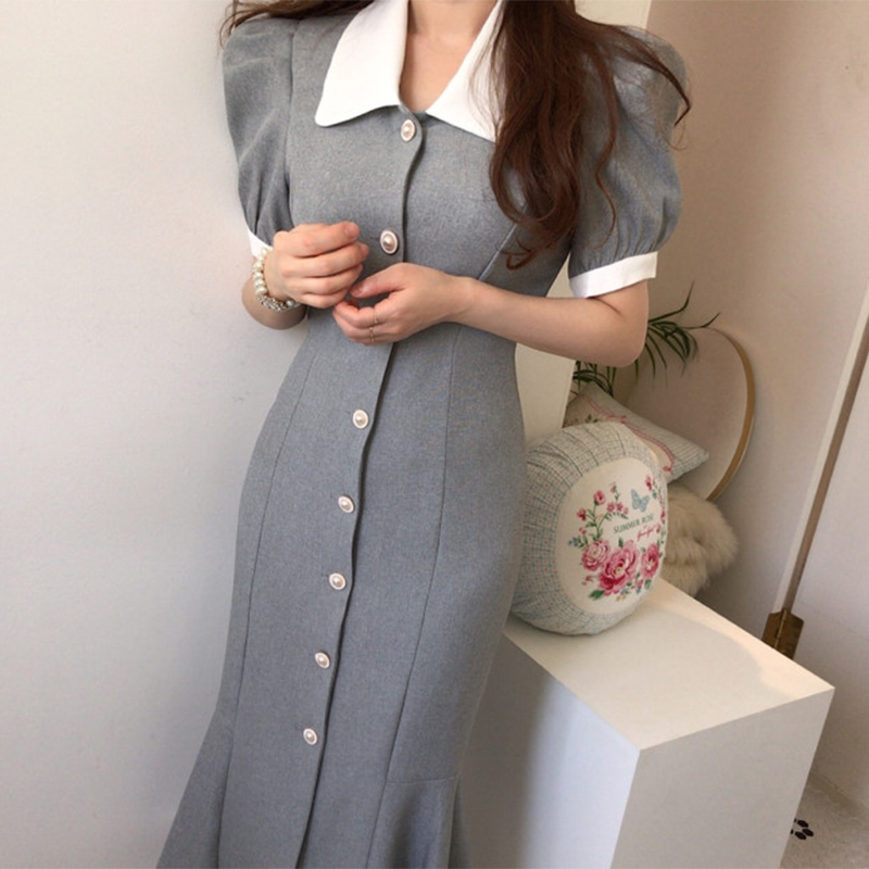 レース ワンピース 清楚襟付き前開きロングワンピース