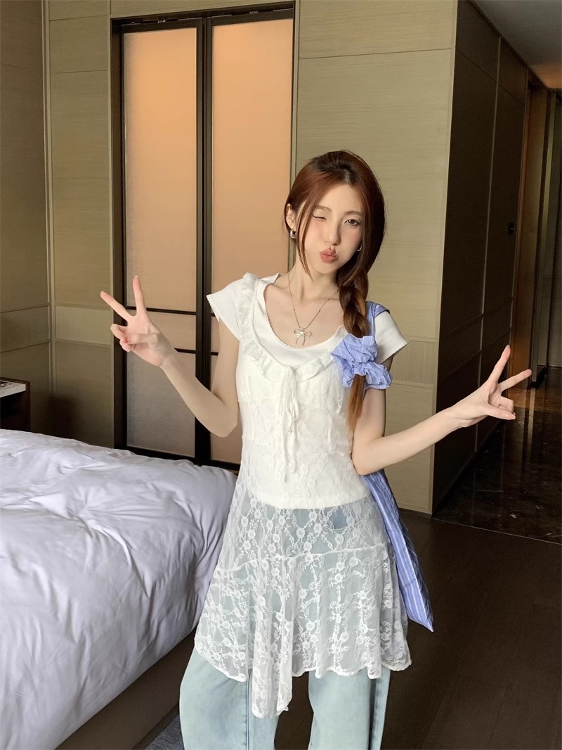 レース ワンピース 花びらフリル 透かしレース キャミソール
