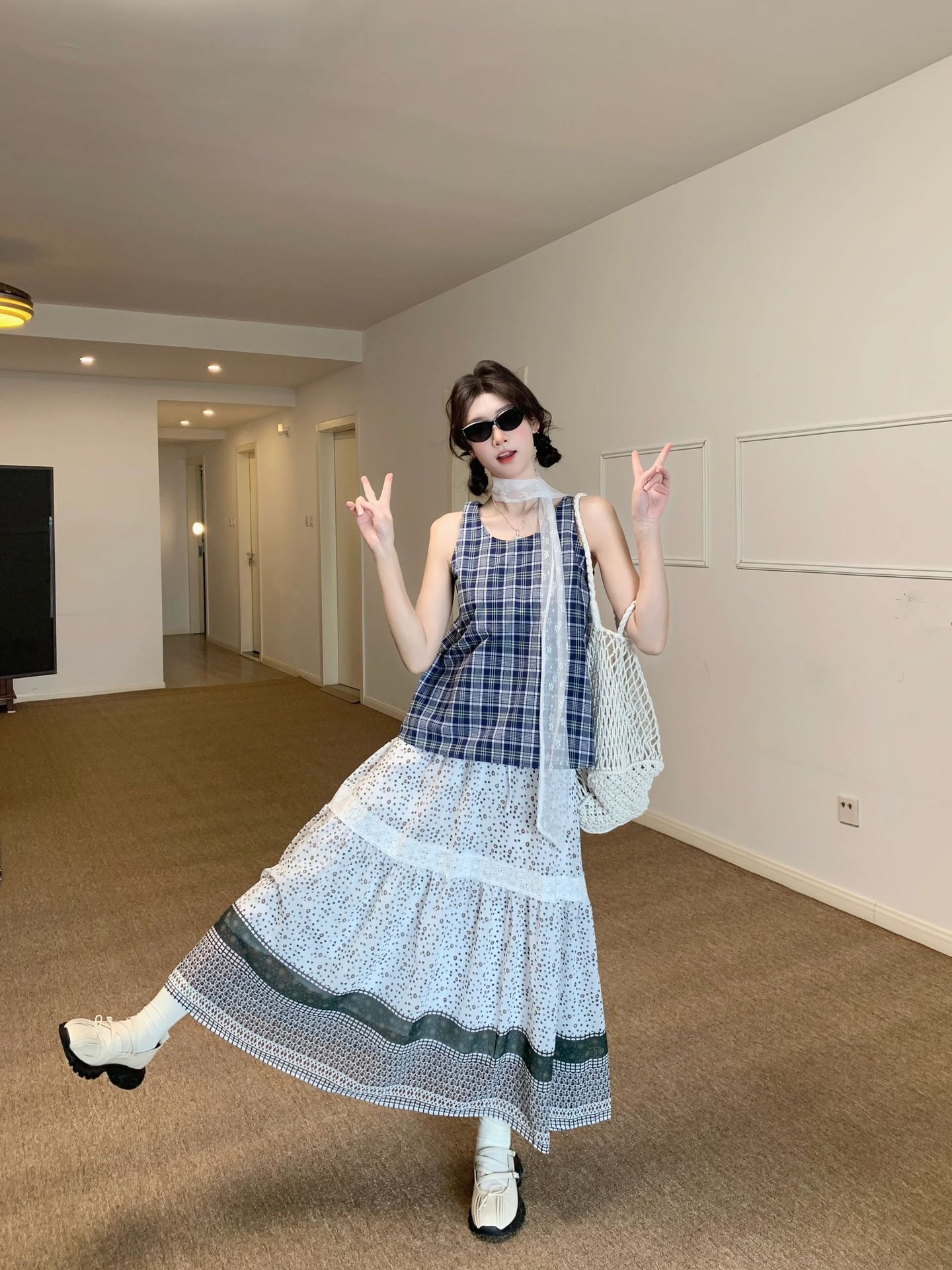 レース ワンピース 格子柄キャミとレース重ねスカートセット
