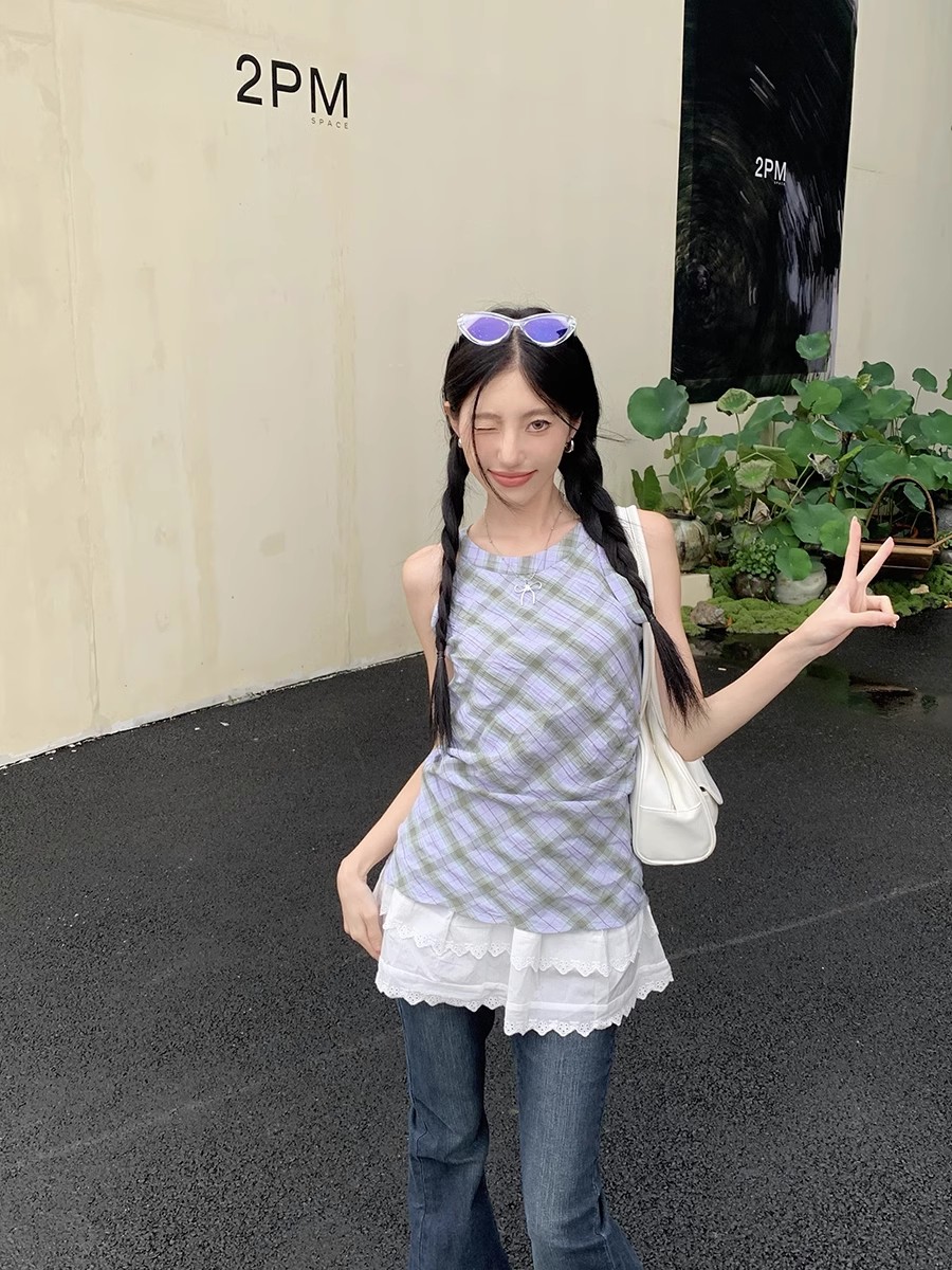 レース ワンピース チェック柄レース切替キャミワンピース