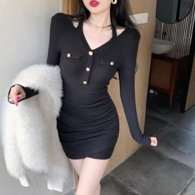 レース ワンピース 優美リブ編み胸ポケットタイトワンピース