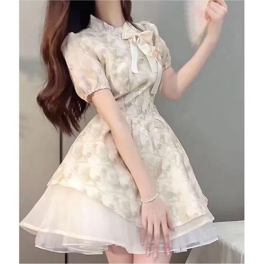 レース ワンピース リボン飾り 花柄シフォン重ね ワンピース