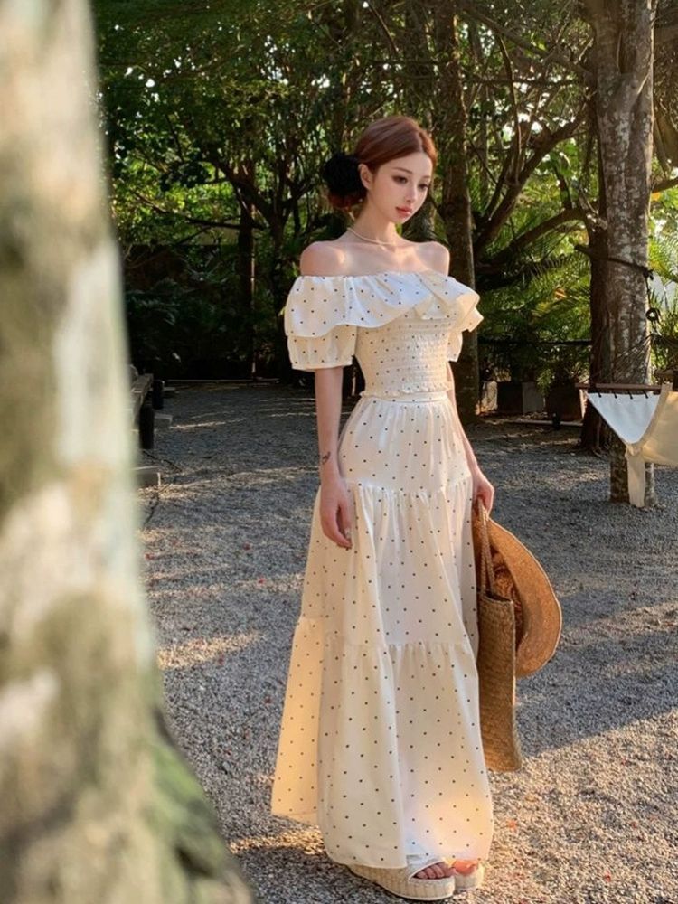 レース ワンピース 水玉フリル オフショルダー ロングワンピース