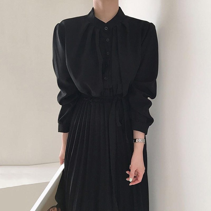 レース ワンピース 優美な襟元プリーツロングワンピース