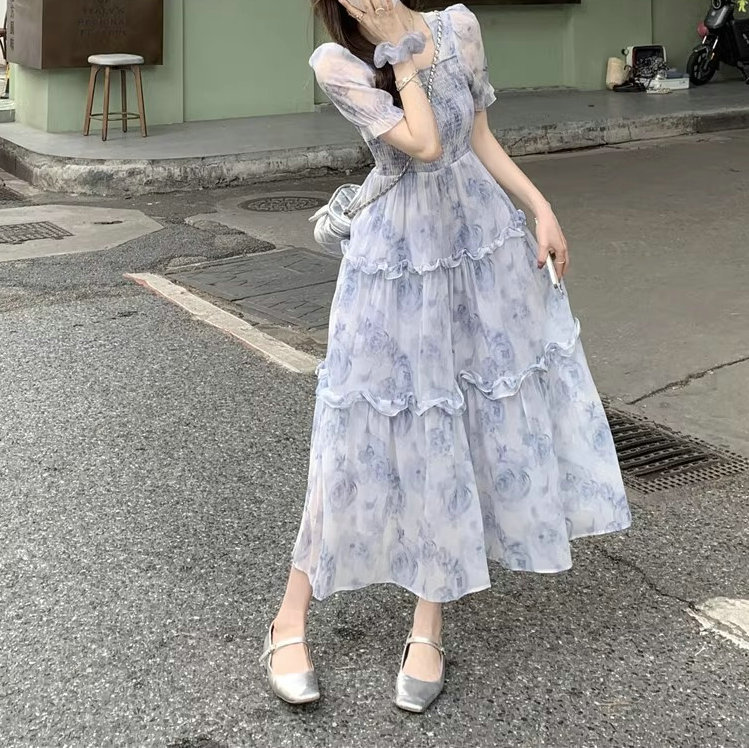 レース ワンピース 夏新作 スクエアネック レース ロングワンピース 大人可愛い ティアードフリル