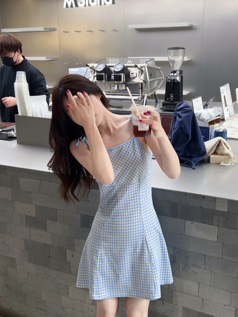 レース ワンピース 格子模様リボン肩紐キャミワンピース