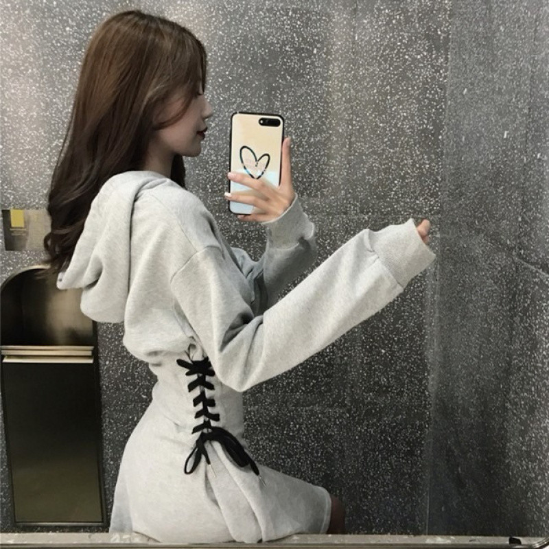 レース ワンピース 編み上げデザイン フード付きワンピース