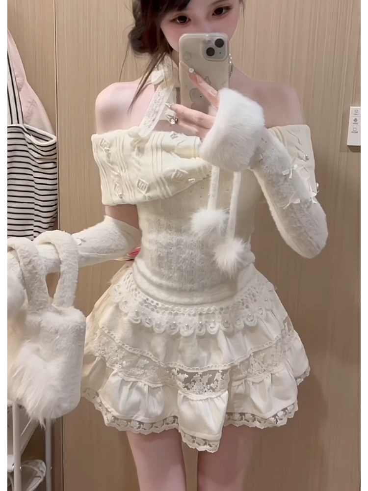 レース ワンピース ふわもこファー付きレースワンピース