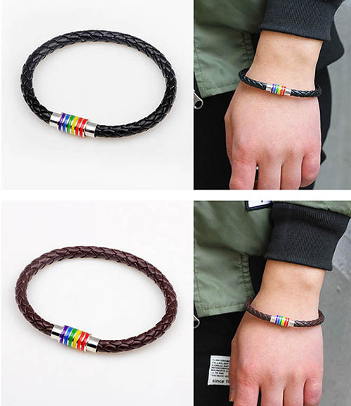 ブレスレットレディース 編み込み革調バングル 磁石留め具 虹色装飾 時計重ね付け対応