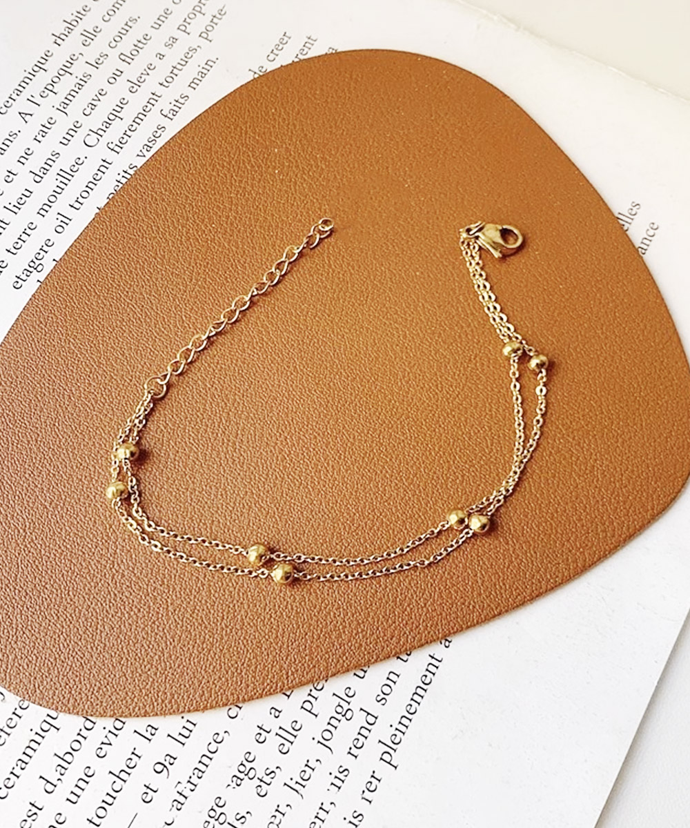 ブレスレットレディース ゴールド二連ブレスレット 小粒ボール付き重ね付け腕飾り