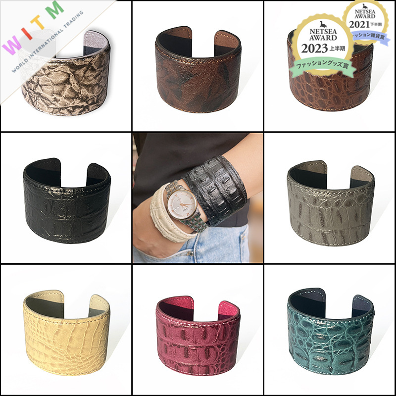 ブレスレットレディース 本革型押しバングル 開口式ワイド腕輪 レディース個性派アクセサリー