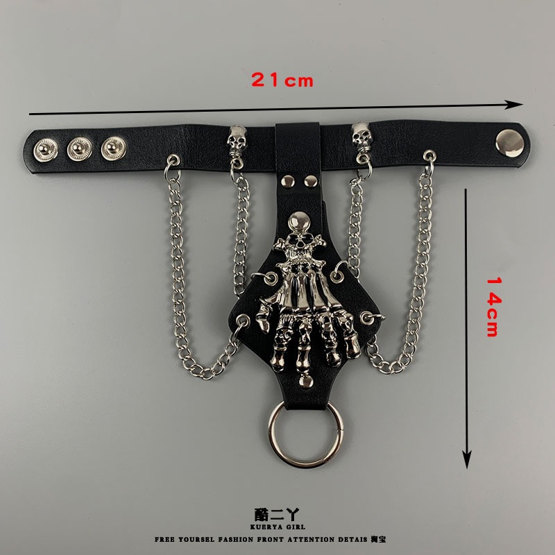 ブレスレットレディース 骸骨手型チェーン付きバングル黒革風舞台衣装