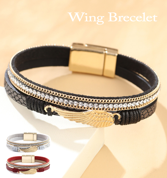 ブレスレットレディース ゴールド羽根モチーフ ラインストーン レディース ブレスレット