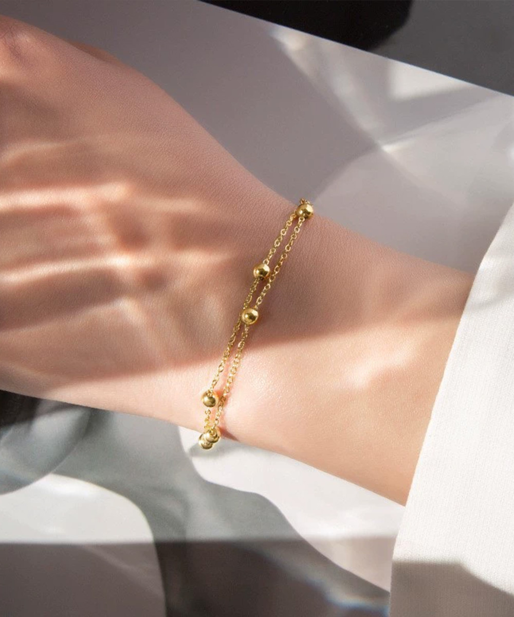ブレスレットレディース ゴールド二連ブレスレット 小粒ボール付き重ね付け腕飾り