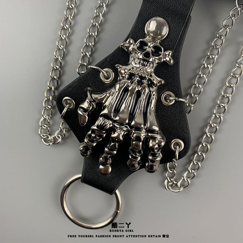 ブレスレットレディース 骸骨手型チェーン付きバングル黒革風舞台衣装