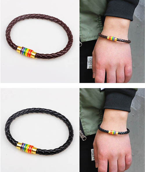 ブレスレットレディース 編み込み革調バングル 磁石留め具 虹色装飾 時計重ね付け対応