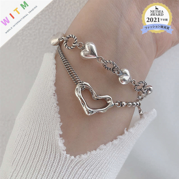 ブレスレットレディース ハート型シルバーブレスレット 韓国風上品アクセサリー