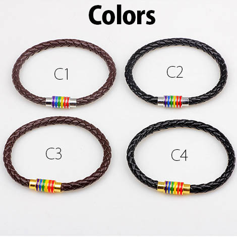 ブレスレットレディース 編み込み革調バングル 磁石留め具 虹色装飾 時計重ね付け対応