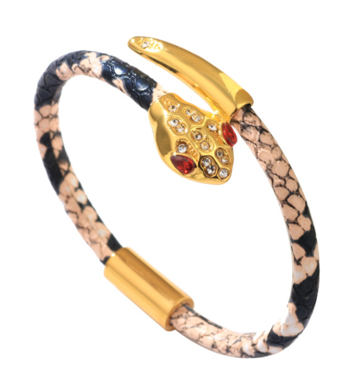 ブレスレットレディース ゴールド蛇モチーフブレスレット 合皮パイソン柄ラインストーン付き