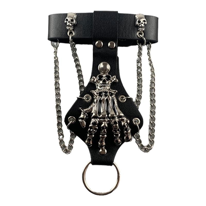 ブレスレットレディース 骸骨手型チェーン付きバングル黒革風舞台衣装