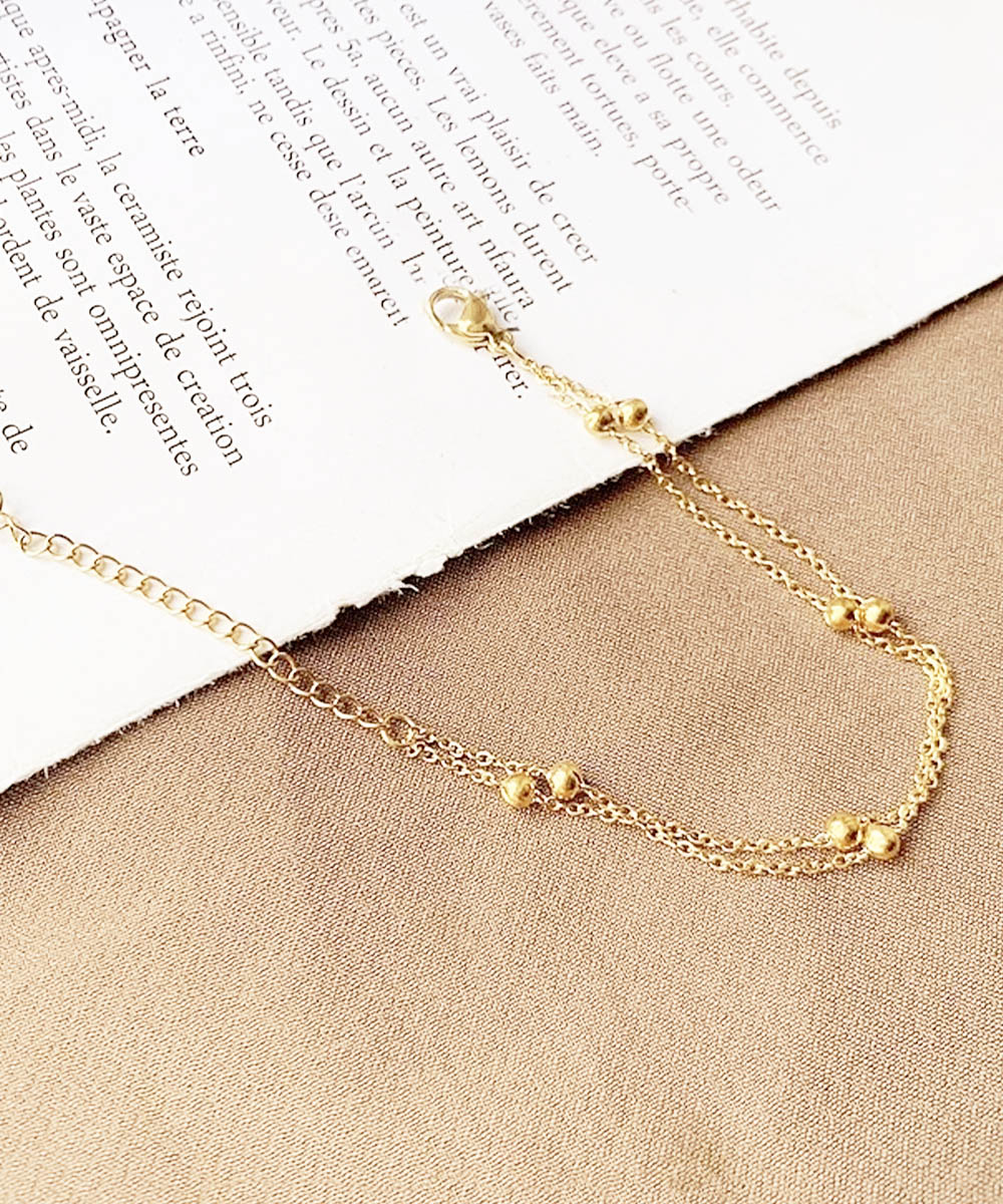 ブレスレットレディース ゴールド二連ブレスレット 小粒ボール付き重ね付け腕飾り