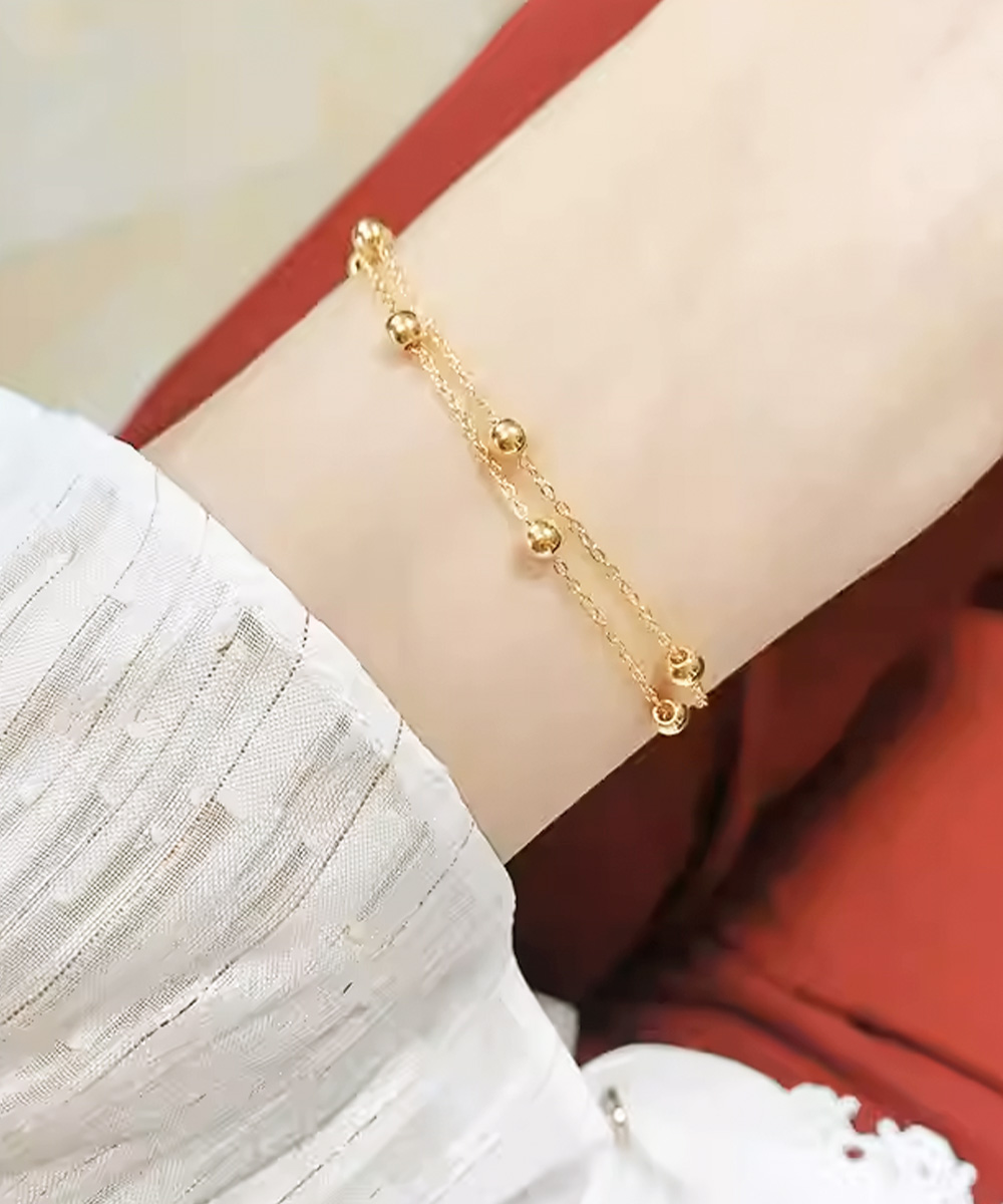 ブレスレットレディース ゴールド二連ブレスレット 小粒ボール付き重ね付け腕飾り