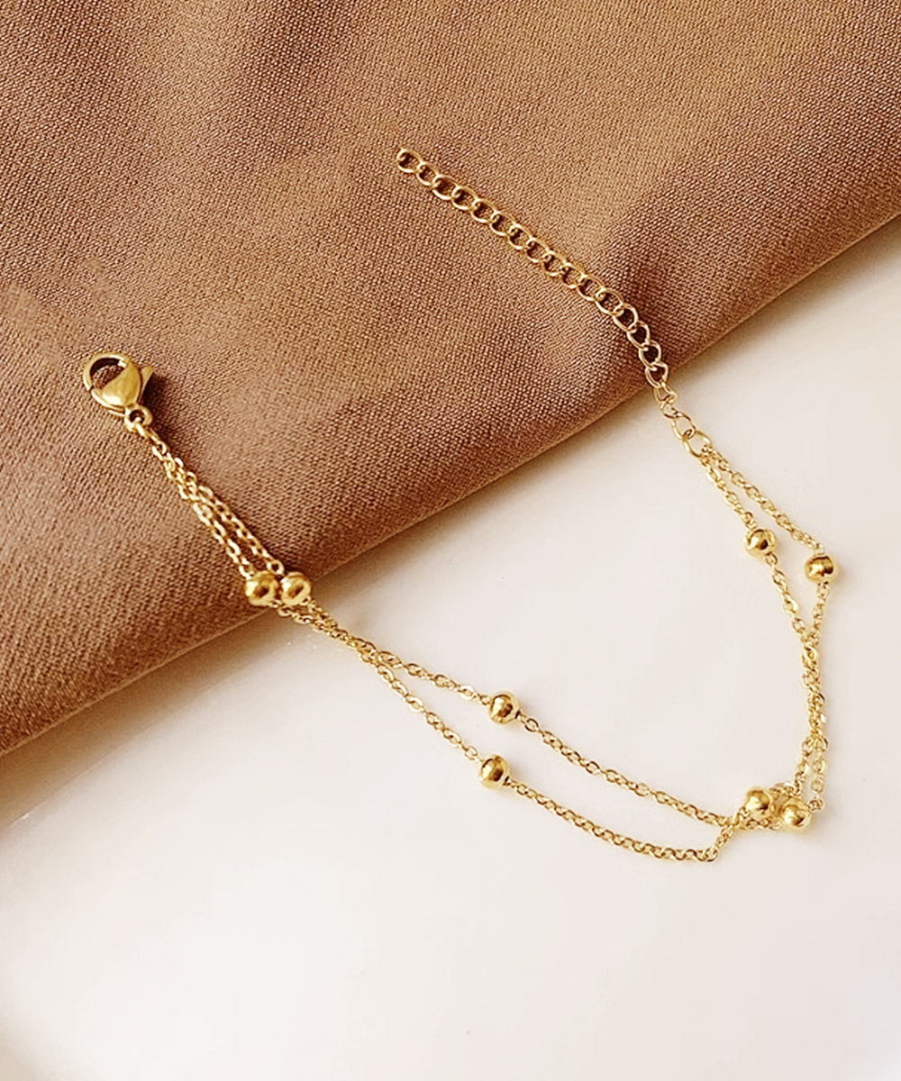 ブレスレットレディース ゴールド二連ブレスレット 小粒ボール付き重ね付け腕飾り