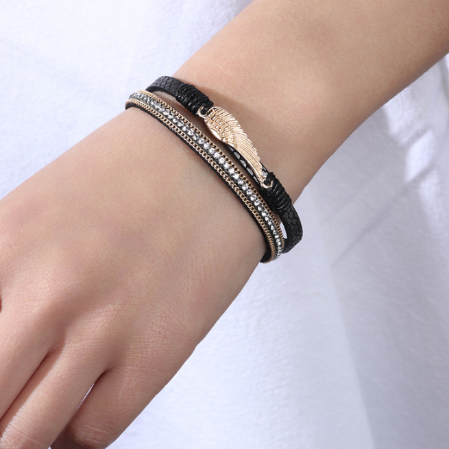 ブレスレットレディース ゴールド羽根モチーフ ラインストーン レディース ブレスレット